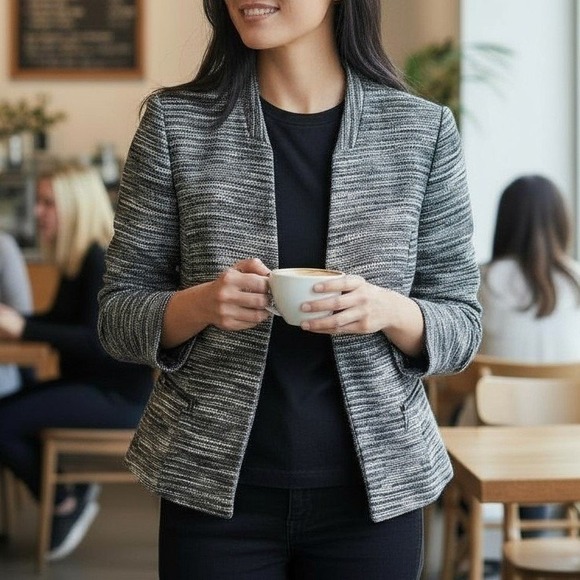 Kasper Jackets & Blazers - Kasper Womens S Blazer Black Grey Shimmery Metalic Tweed‎ Career Office Holiday